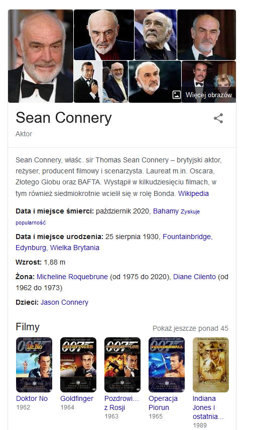 Panel wiedzy w Google Sean Connery - dane strukturalne